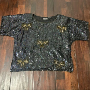 VTG Jewel Queen Beaded Blouse Silk Women’s Large Butterfly’s Sequins